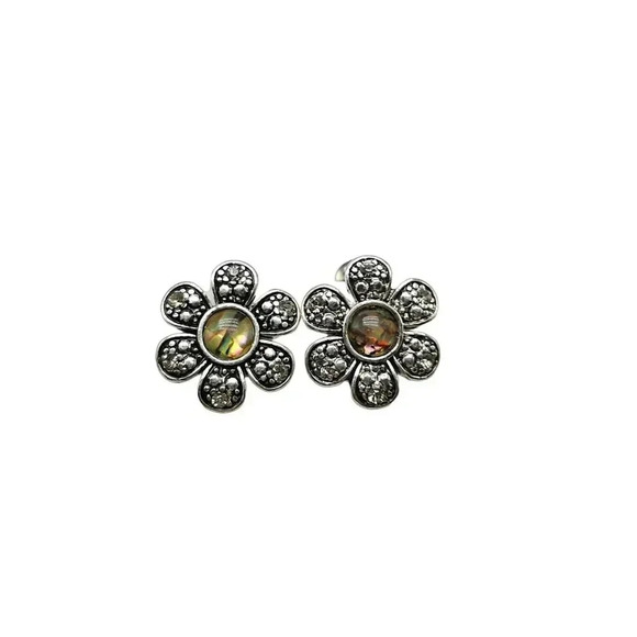Kenneth Cole Abalone Flower Earrings Post Back Closure Silver Tone Vintage - Picture 1 of 5